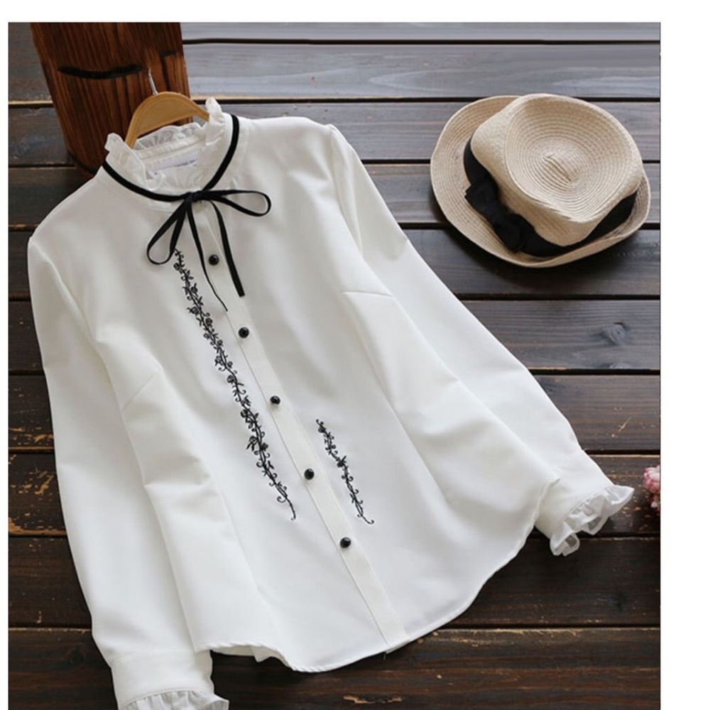 FRILL DETAIL TIE NECK VINE EMBROIDERED BLOUSE
